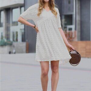 SAND BEIGE Swiss Dot Babydoll 3/4 Sleeve Scoop Neck Mini Sundress w/ Li…